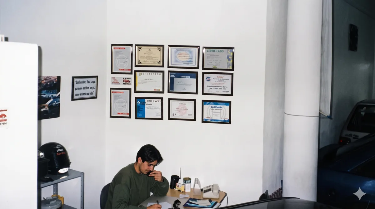 Escritório da Cia. de Veículos Martins com certificados na parede